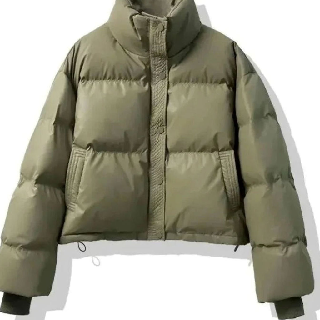 Women's Cropped Faux Leather Puffer with Stand Collar