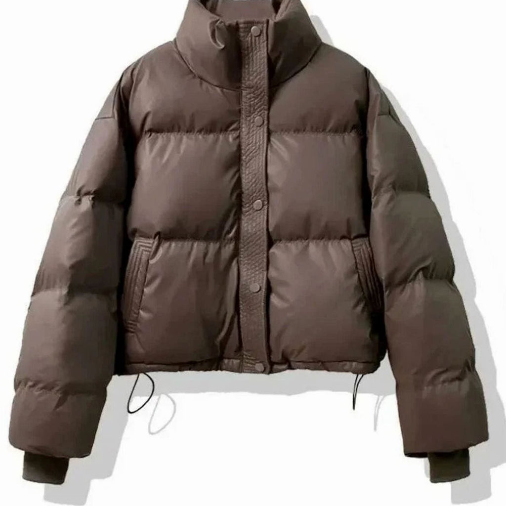 Women's Cropped Faux Leather Puffer with Stand Collar