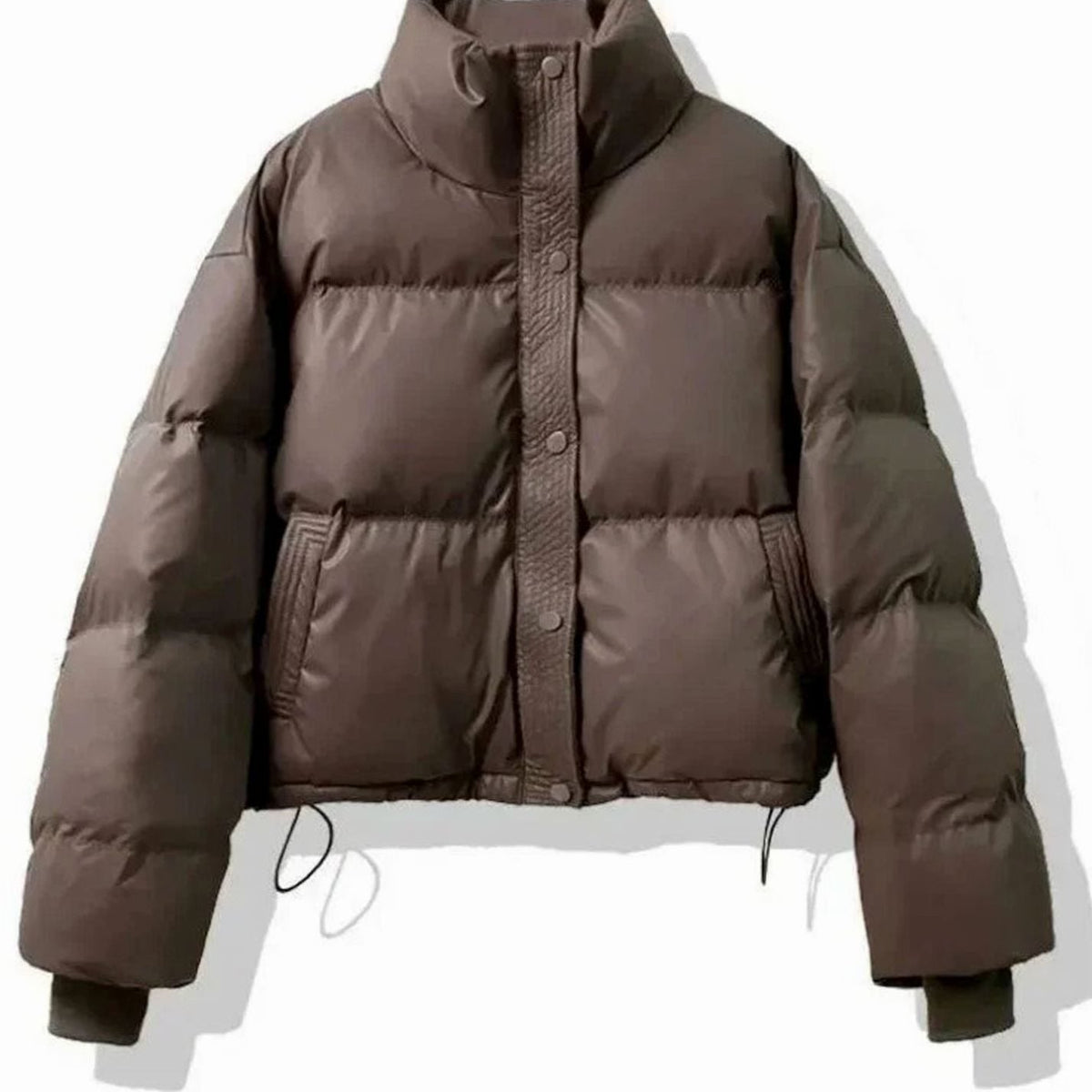 Women's Cropped Faux Leather Puffer with Stand Collar