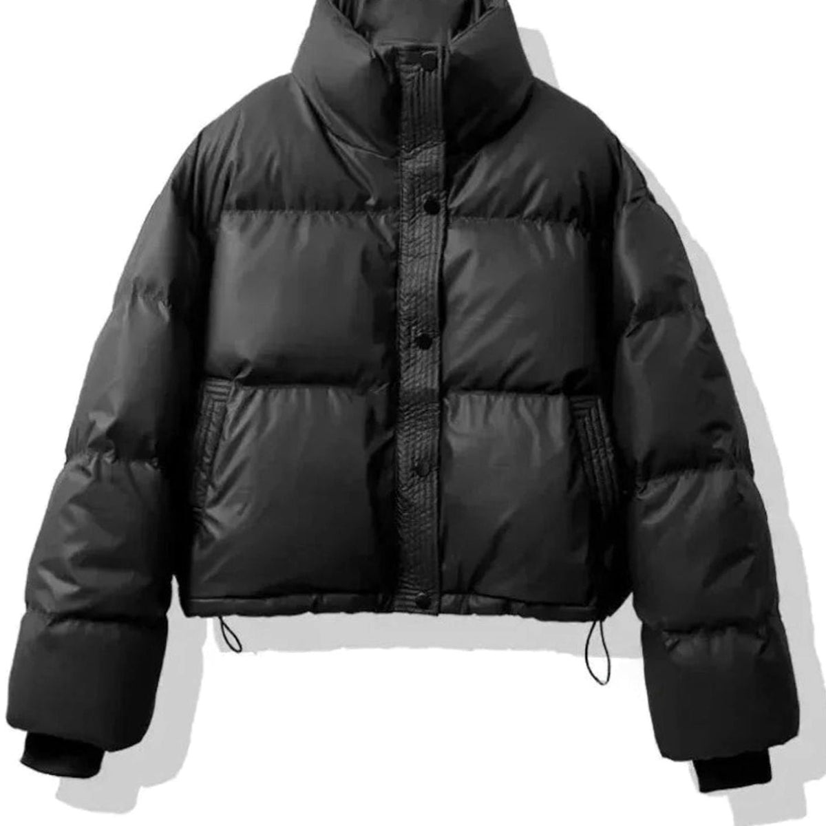 Women's Cropped Faux Leather Puffer with Stand Collar - Black