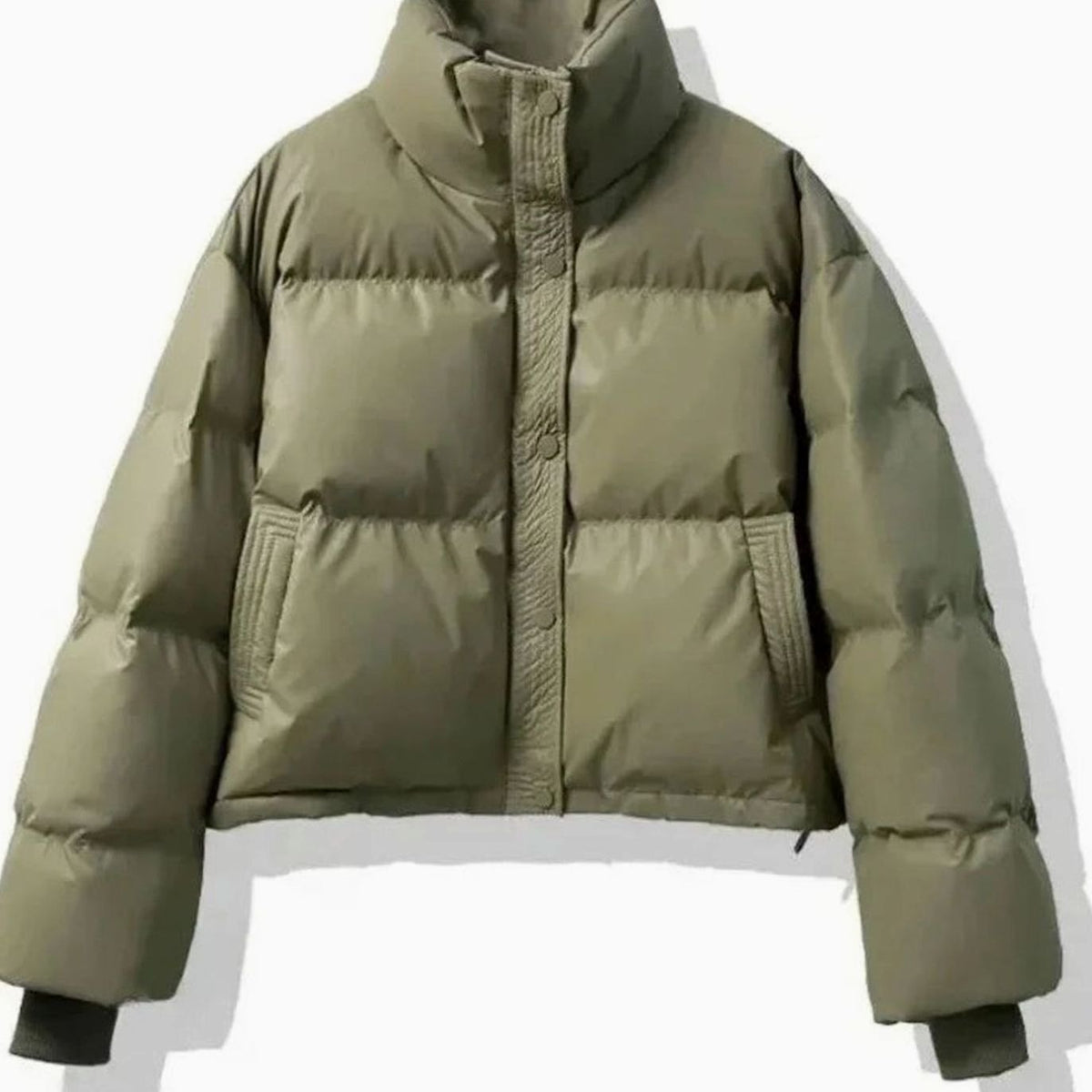 Women's Cropped Faux Leather Puffer with Stand Collar - Green