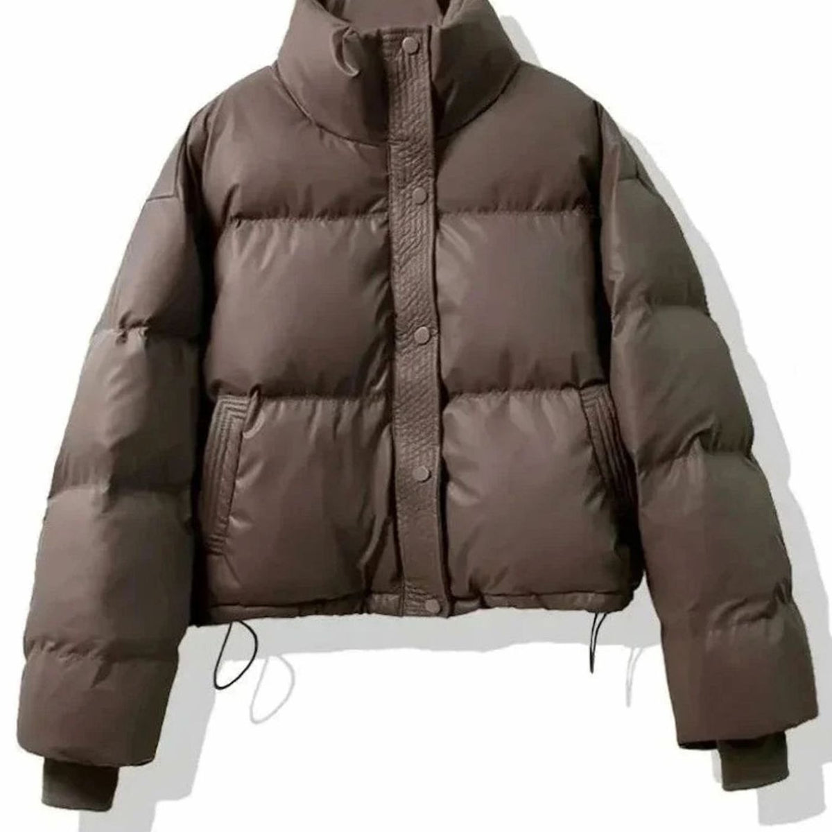 Women's Cropped Faux Leather Puffer with Stand Collar - Coffee