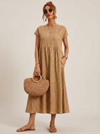 Women's Short-Sleeve Round-Neck Flowy Midi Dress with Pockets