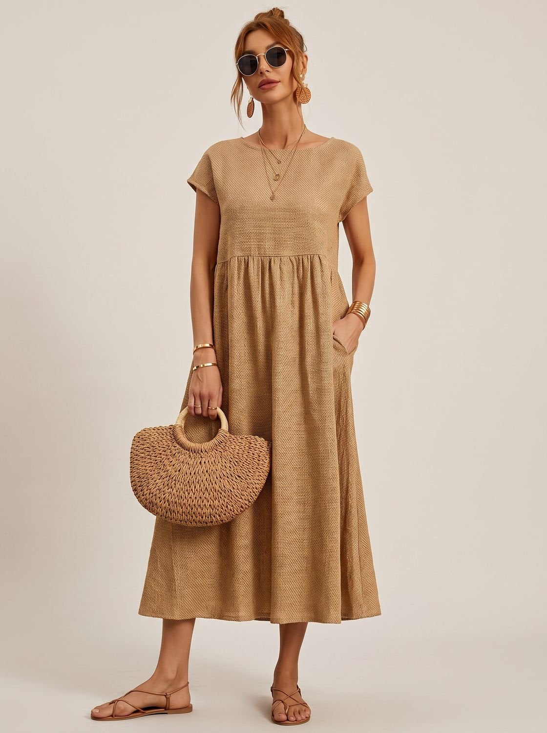 Women's Short-Sleeve Round-Neck Flowy Midi Dress with Pockets