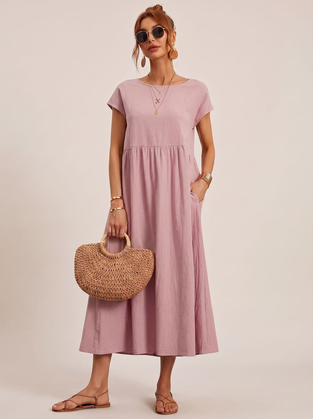 Women's Short-Sleeve Round-Neck Flowy Midi Dress with Pockets