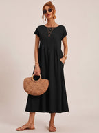Women's Short-Sleeve Round-Neck Flowy Midi Dress with Pockets