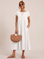 Women's Short-Sleeve Round-Neck Flowy Midi Dress with Pockets