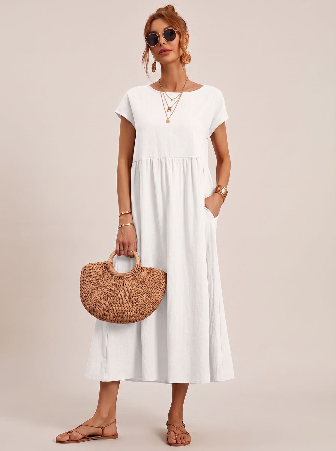 Women's Short-Sleeve Round-Neck Flowy Midi Dress with Pockets