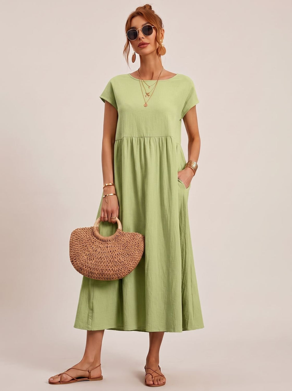 Women's Short-Sleeve Round-Neck Flowy Midi Dress with Pockets