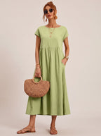Women's Short-Sleeve Round-Neck Flowy Midi Dress with Pockets