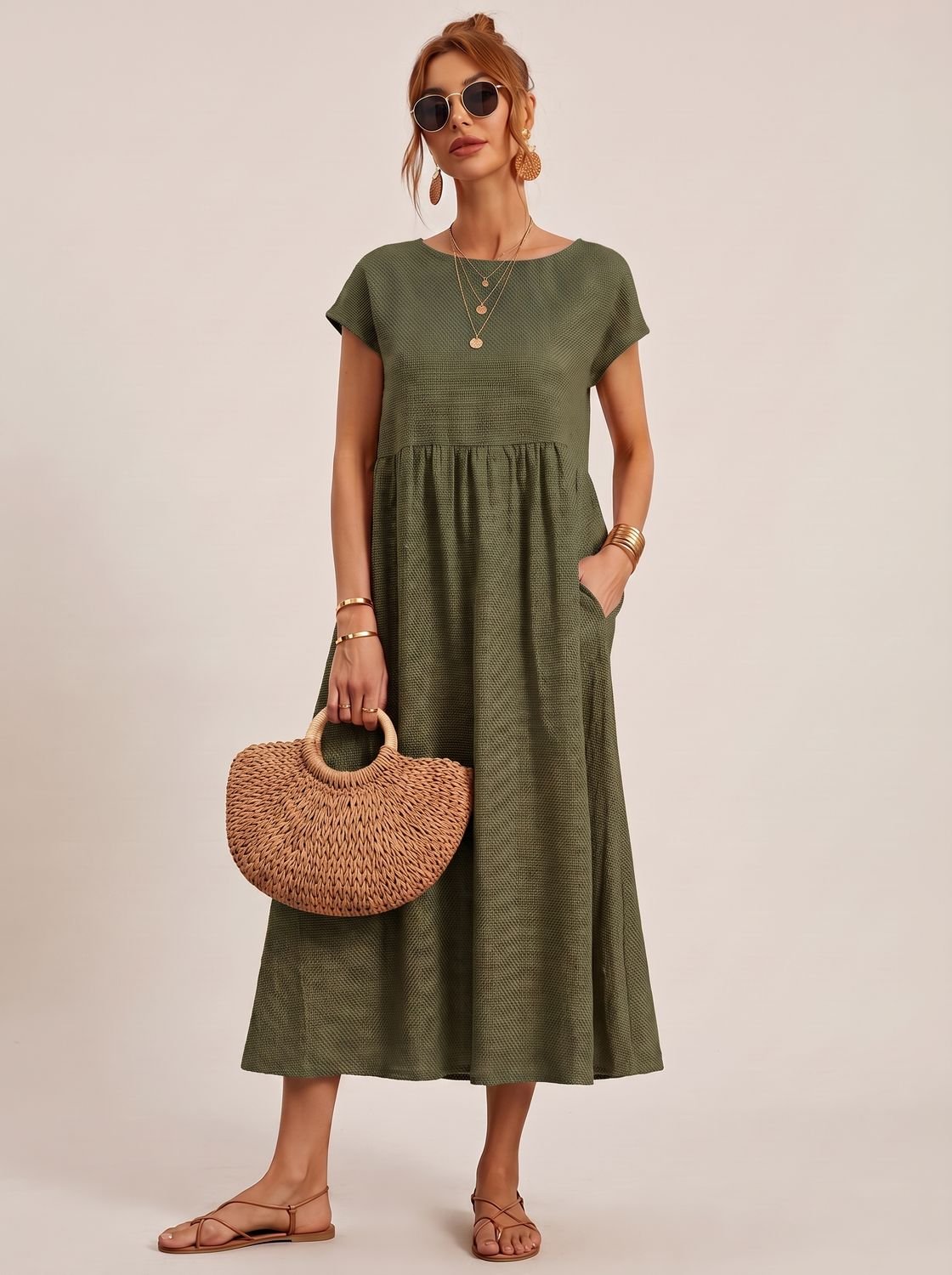 Women's Short-Sleeve Round-Neck Flowy Midi Dress with Pockets