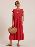 Women's Short-Sleeve Round-Neck Flowy Midi Dress with Pockets
