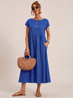 Women's Short-Sleeve Round-Neck Flowy Midi Dress with Pockets