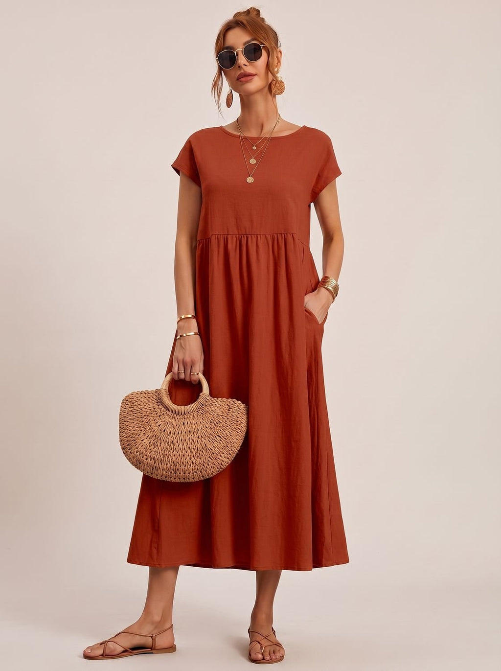 Women's Short-Sleeve Round-Neck Flowy Midi Dress with Pockets