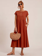 Women's Short-Sleeve Round-Neck Flowy Midi Dress with Pockets