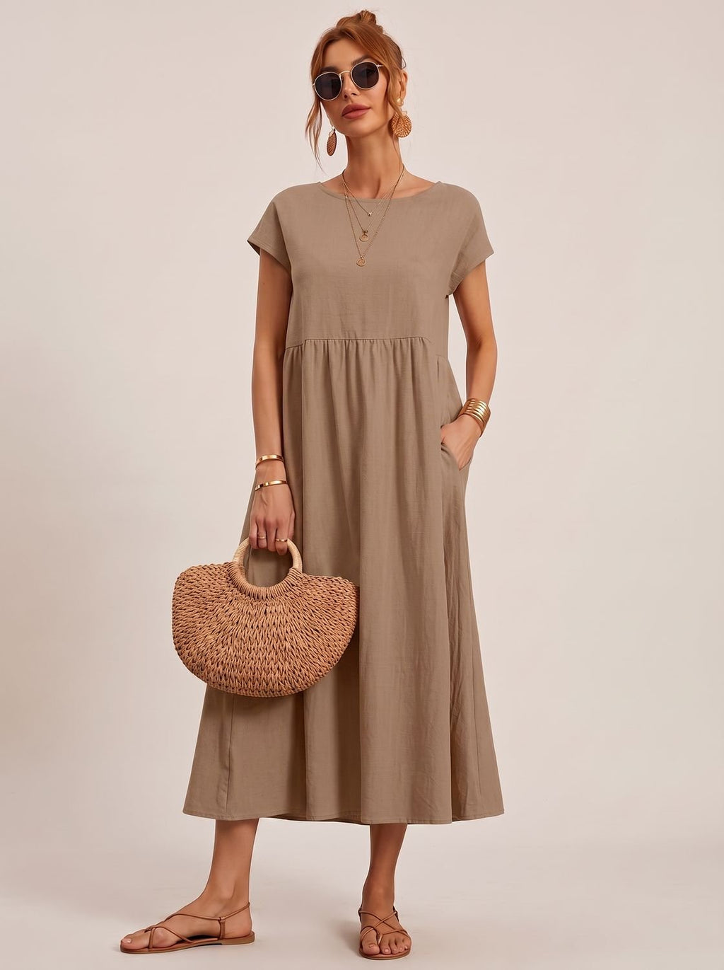 Women's Short-Sleeve Round-Neck Flowy Midi Dress with Pockets