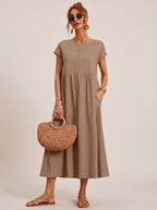 Women's Short-Sleeve Round-Neck Flowy Midi Dress with Pockets