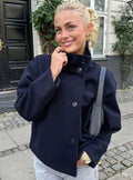 Women's Hip-Length Stand Collar Coat in Soft Wool Blend - Dark Blue