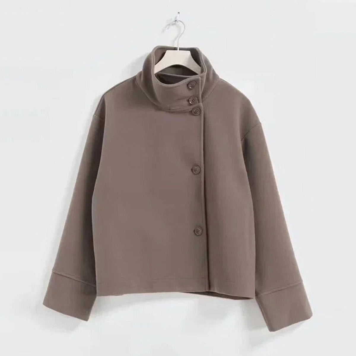 Women's Hip-Length Stand Collar Coat in Soft Wool Blend - Coffee