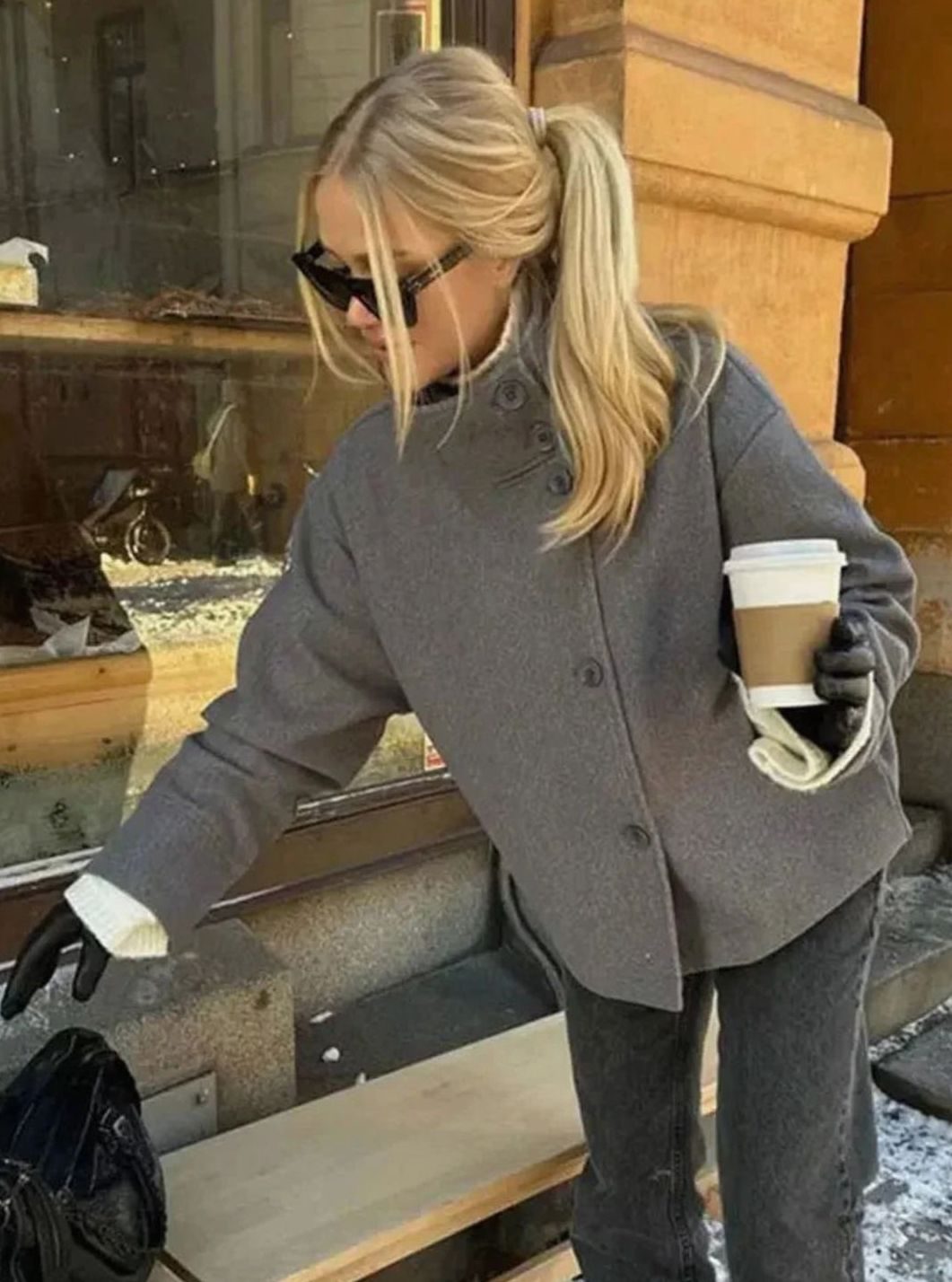 Women's Hip-Length Stand Collar Coat in Soft Wool Blend - Gray