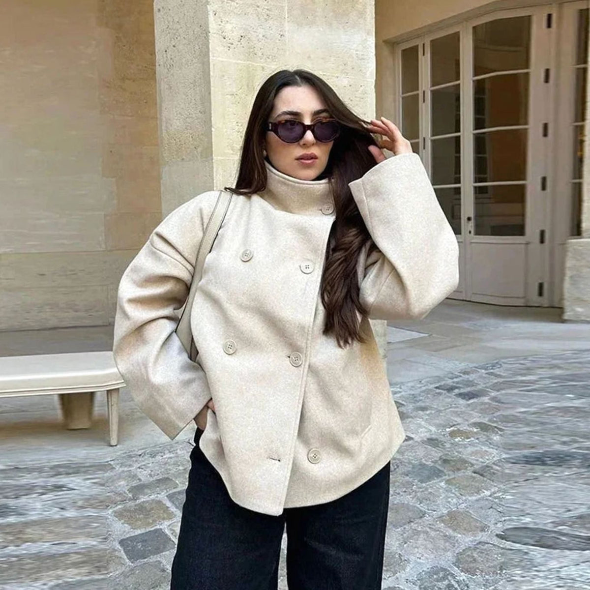 Women's Hip-Length Stand Collar Coat in Soft Wool Blend - Apricot