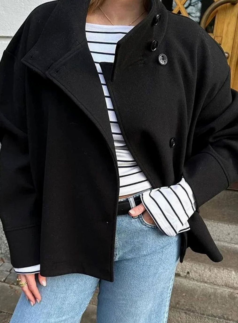 Women's Hip-Length Stand Collar Coat in Soft Wool Blend - Black