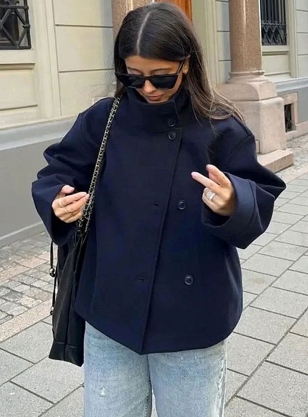 Women's Hip-Length Stand Collar Coat in Soft Wool Blend