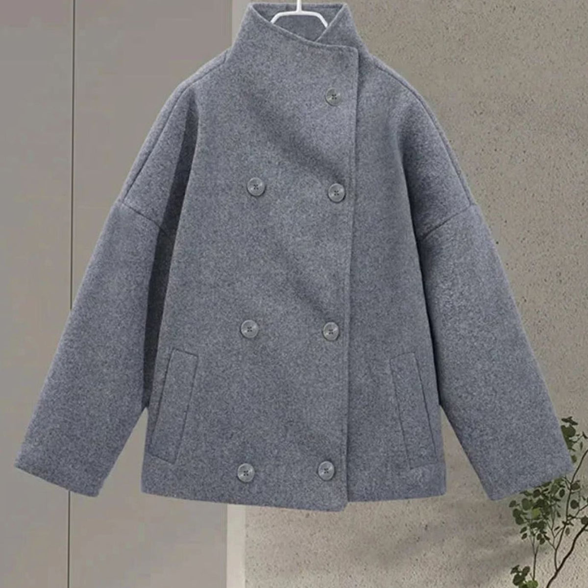 Women's Hip-Length Stand Collar Coat in Soft Wool Blend