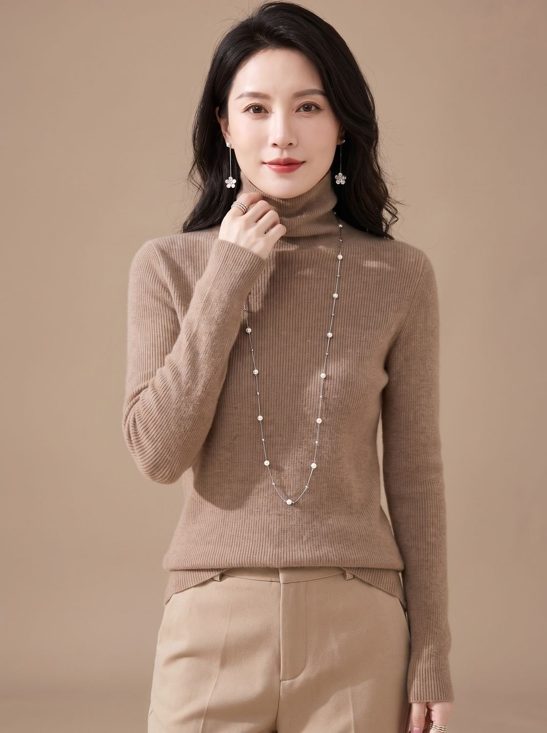 Women's Snug Turtleneck Rib-Trim Layering Sweater - Beige Taupe