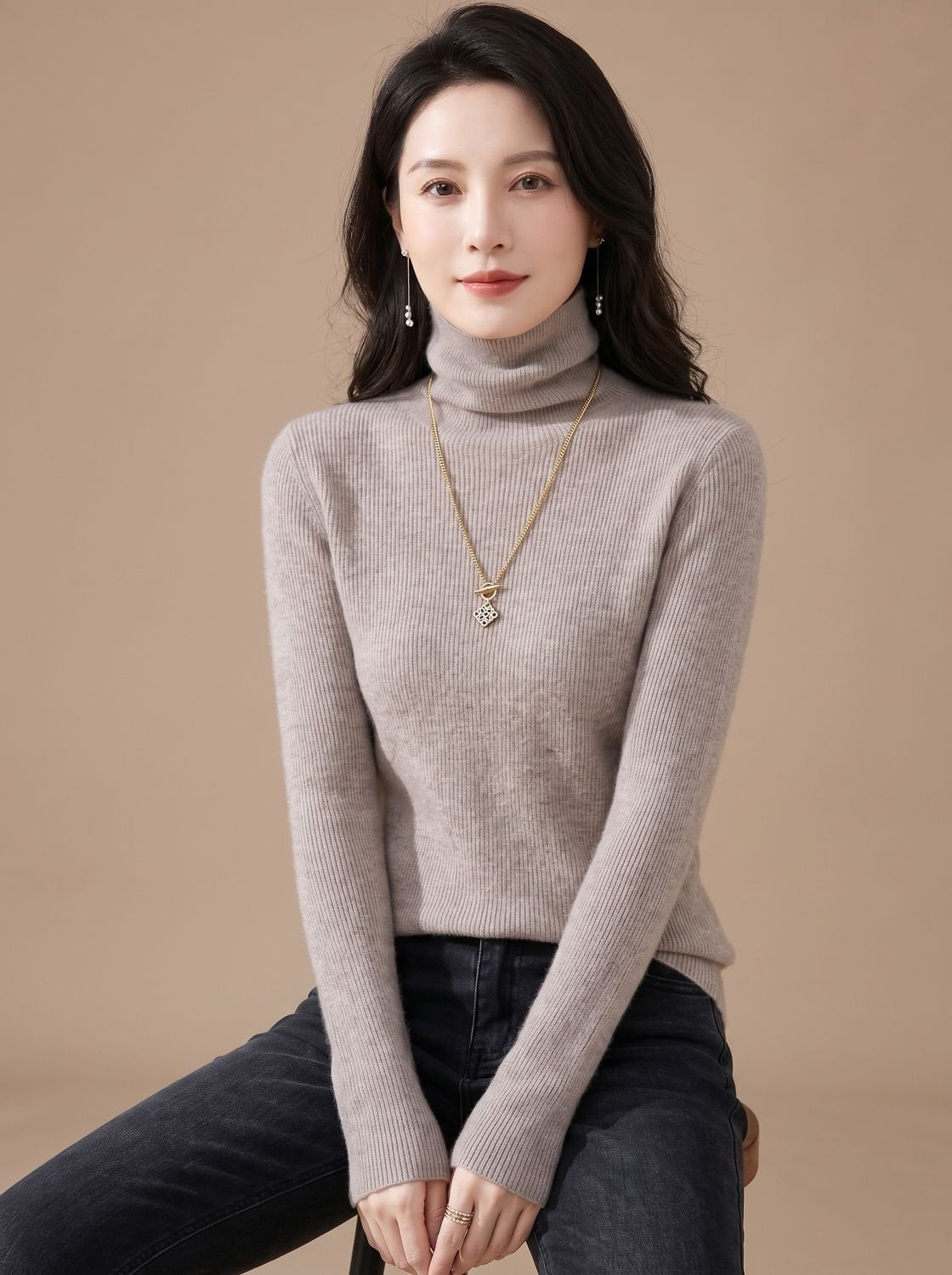 Women's Snug Turtleneck Rib-Trim Layering Sweater - Light Oat Beige