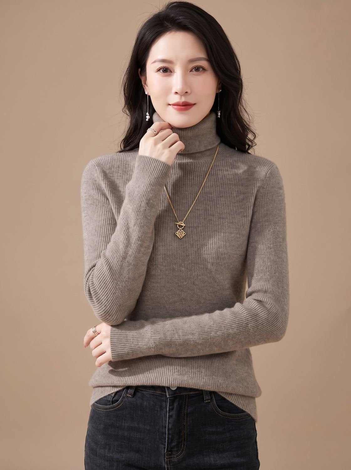 Women's Snug Turtleneck Rib-Trim Layering Sweater - Suede Camel