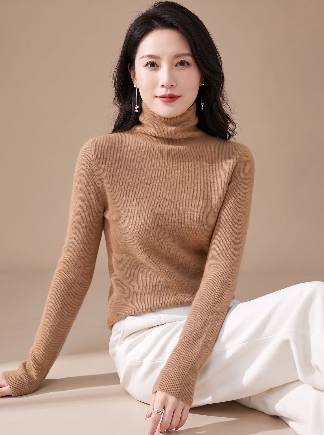 Women's Snug Turtleneck Rib-Trim Layering Sweater - Gold Sand Camel