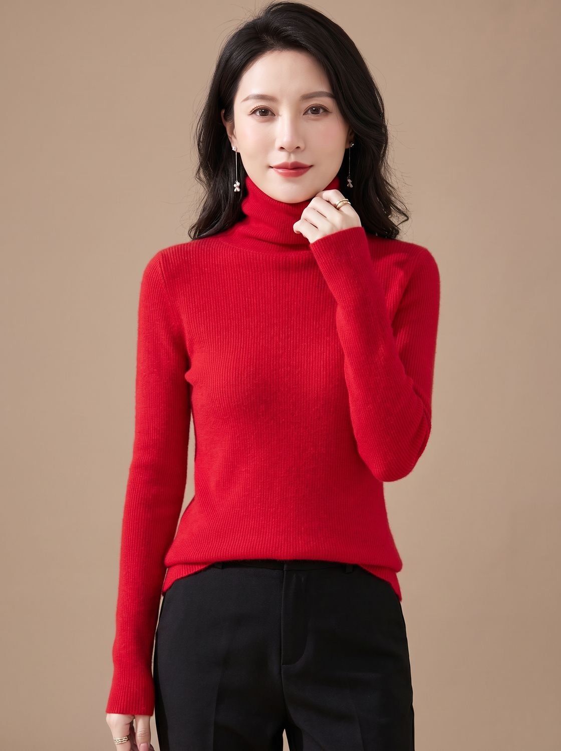 Women's Snug Turtleneck Rib-Trim Layering Sweater - Cherry Red