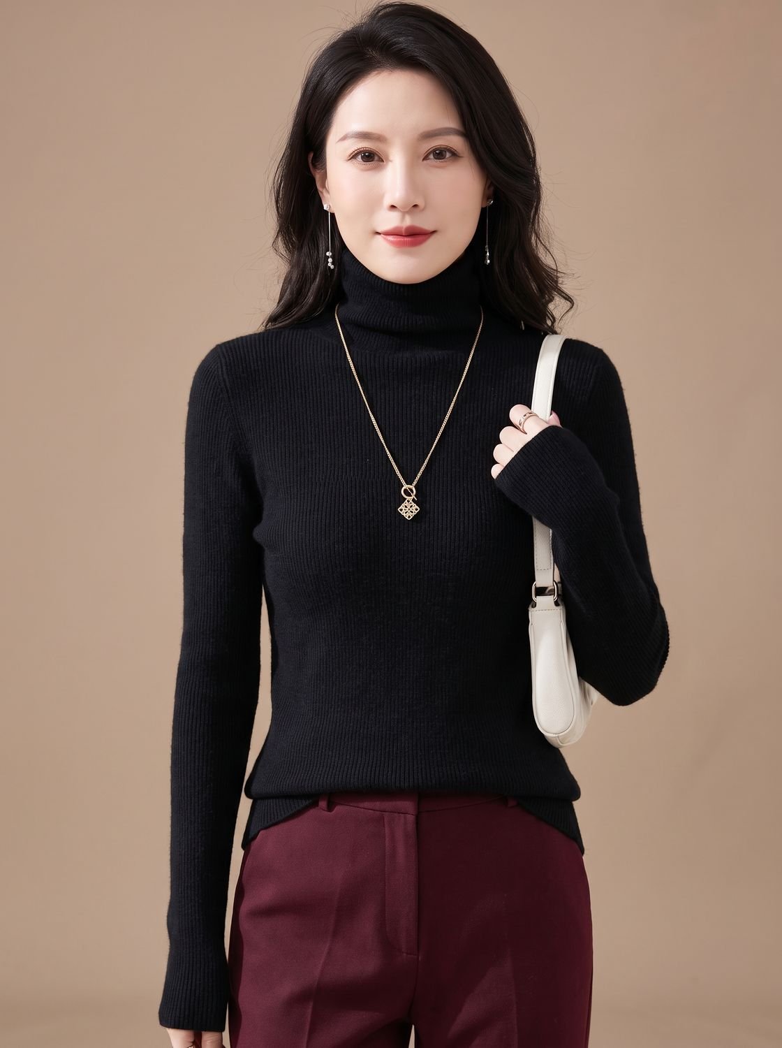 Women's Snug Turtleneck Rib-Trim Layering Sweater - Classic Black