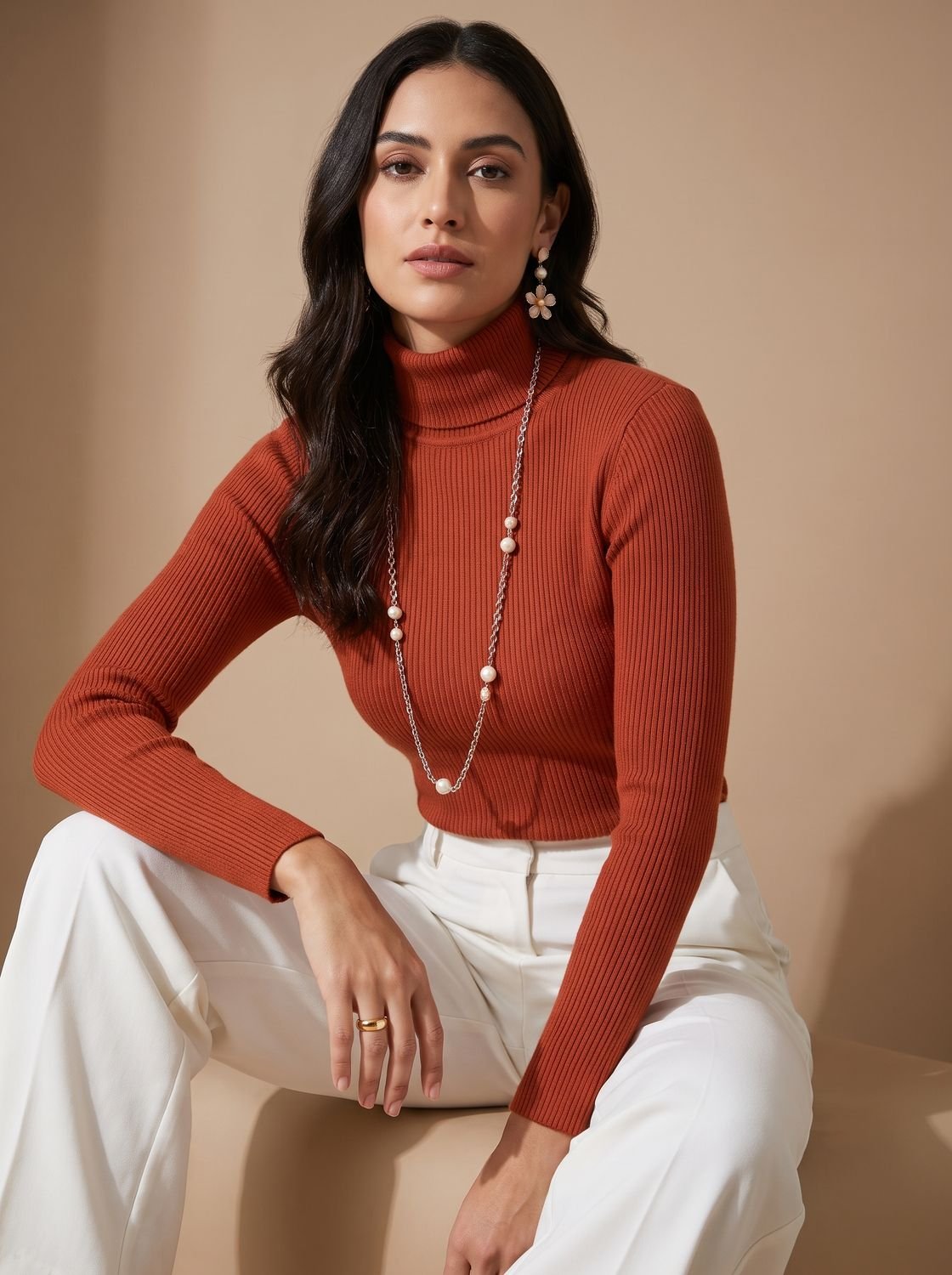 Women's Snug Turtleneck Rib-Trim Layering Sweater - Light Caramel