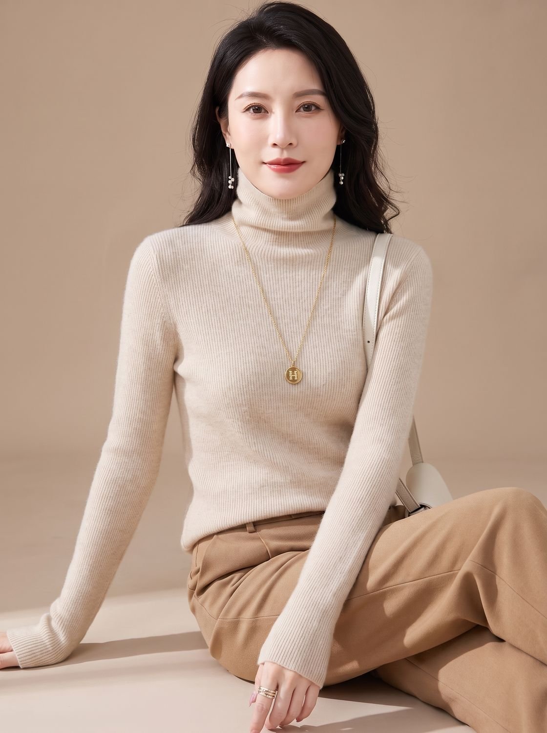 Women's Snug Turtleneck Rib-Trim Layering Sweater - Suede Beige