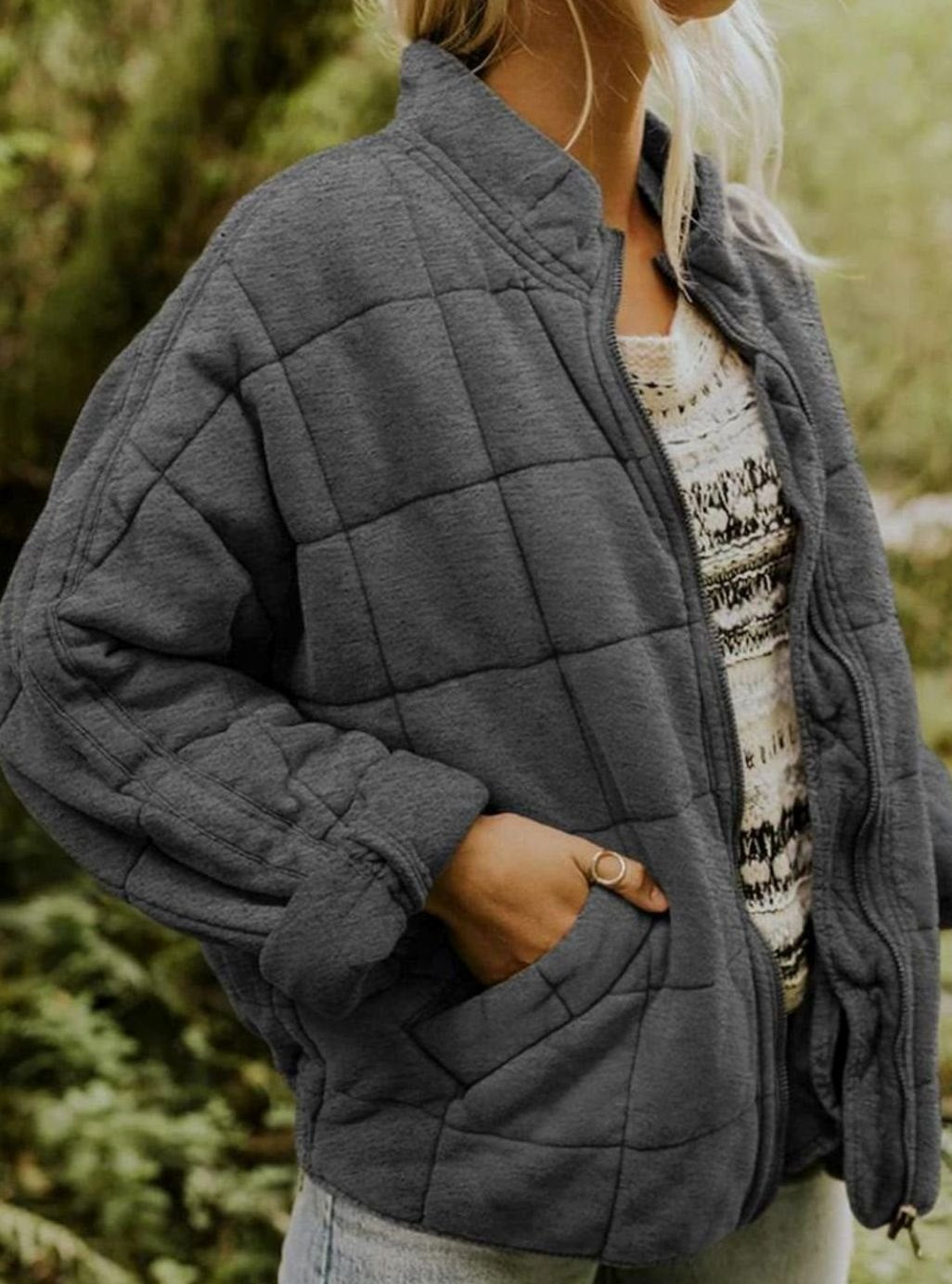 Women's Close-Fit Quilted Jacket With Full Zip - Dark Gray
