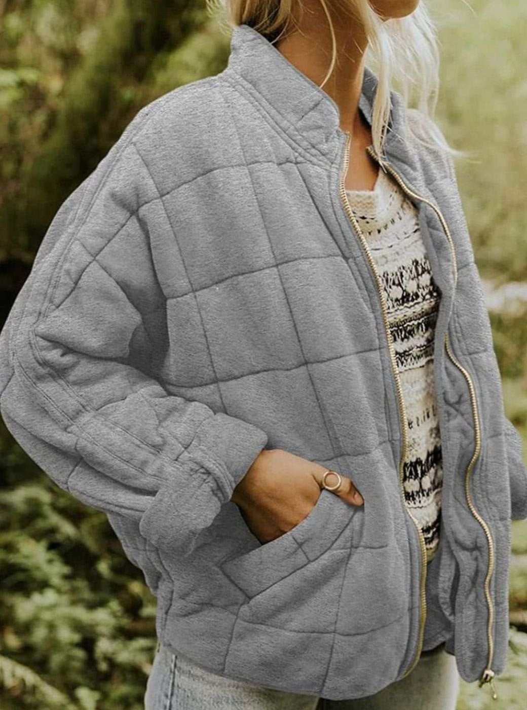 Women's Close-Fit Quilted Jacket With Full Zip - Gray