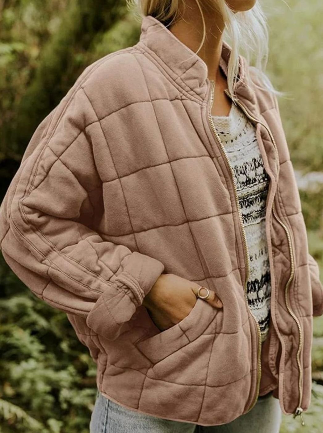 Women's Close-Fit Quilted Jacket With Full Zip - Pink