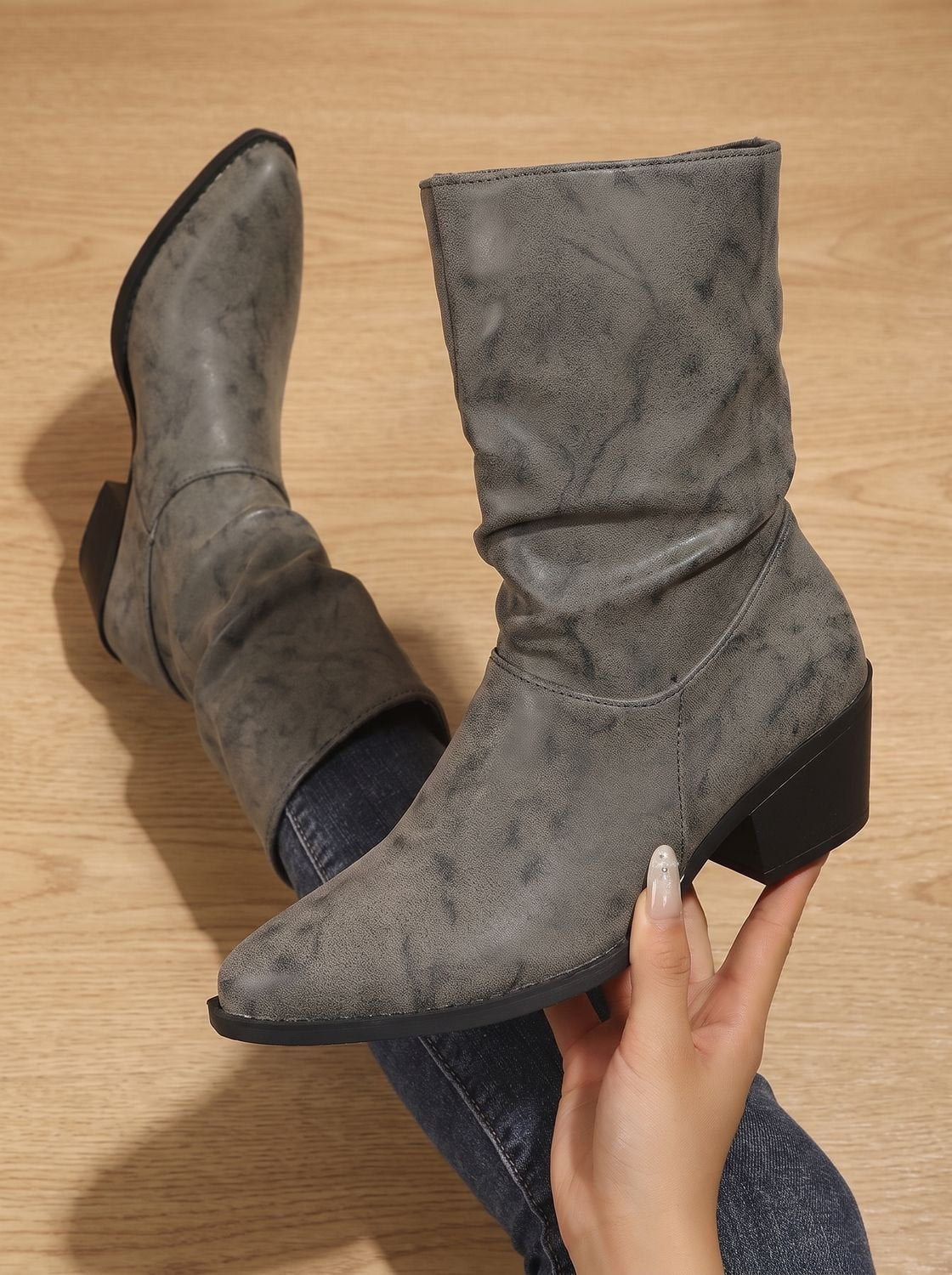 Women's Gathered Faux Leather Mid-Calf Boots with Chunky Heel - Gray