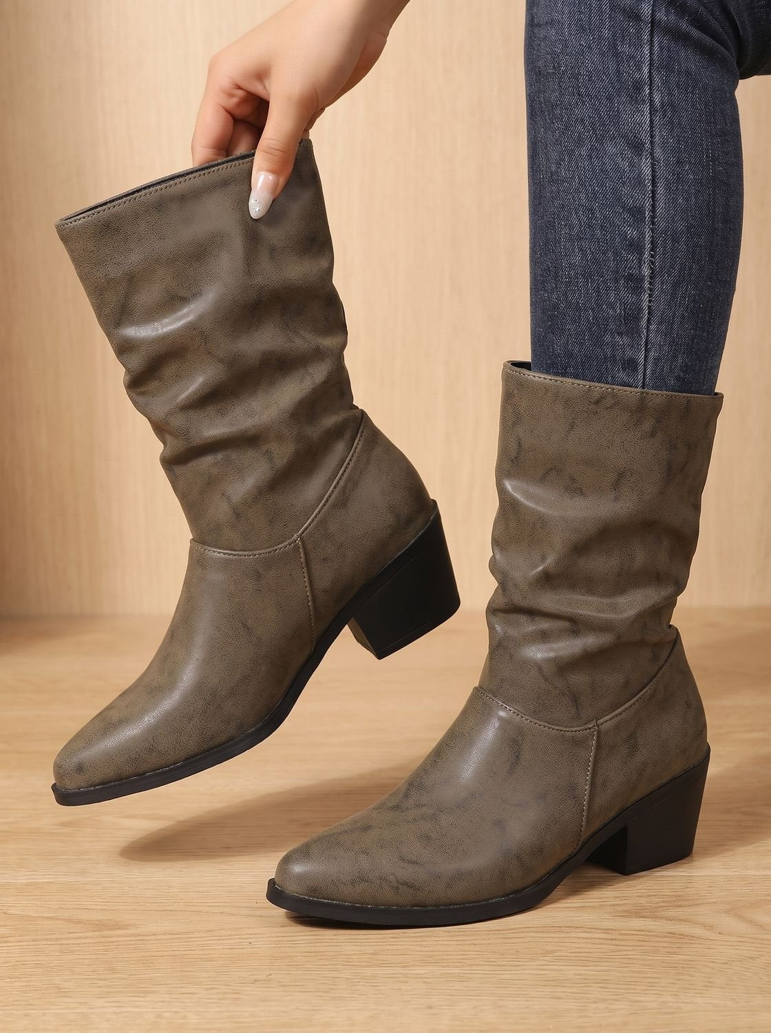 Women's Gathered Faux Leather Mid-Calf Boots with Chunky Heel - Khaki