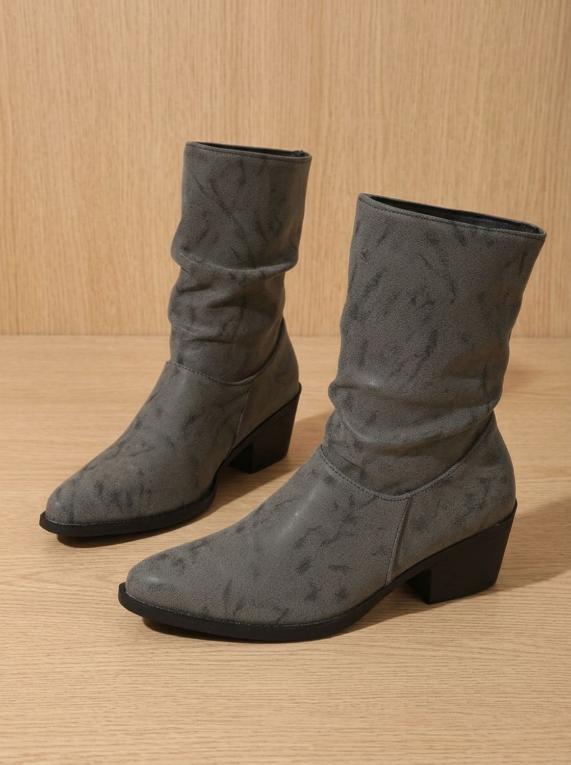 Women's Gathered Faux Leather Mid-Calf Boots with Chunky Heel