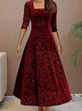 Women's Square Neck Velvet Floral Embossed Party Dress