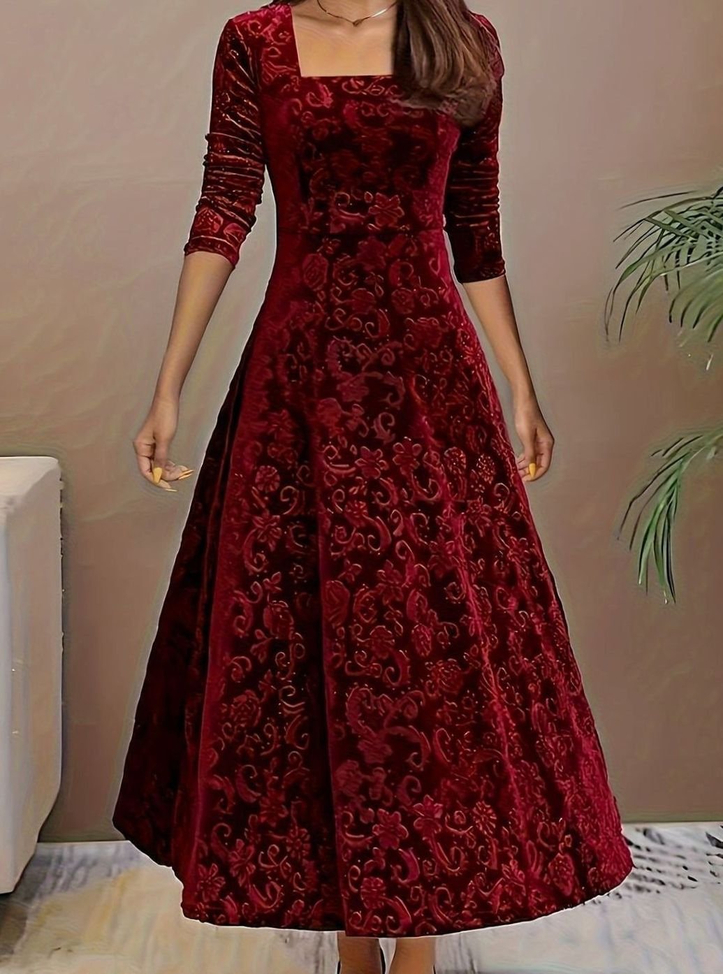 Women's Square Neck Velvet Floral Embossed Party Dress