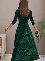 Women's Square Neck Velvet Floral Embossed Party Dress