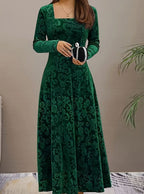 Women's Square Neck Velvet Floral Embossed Party Dress