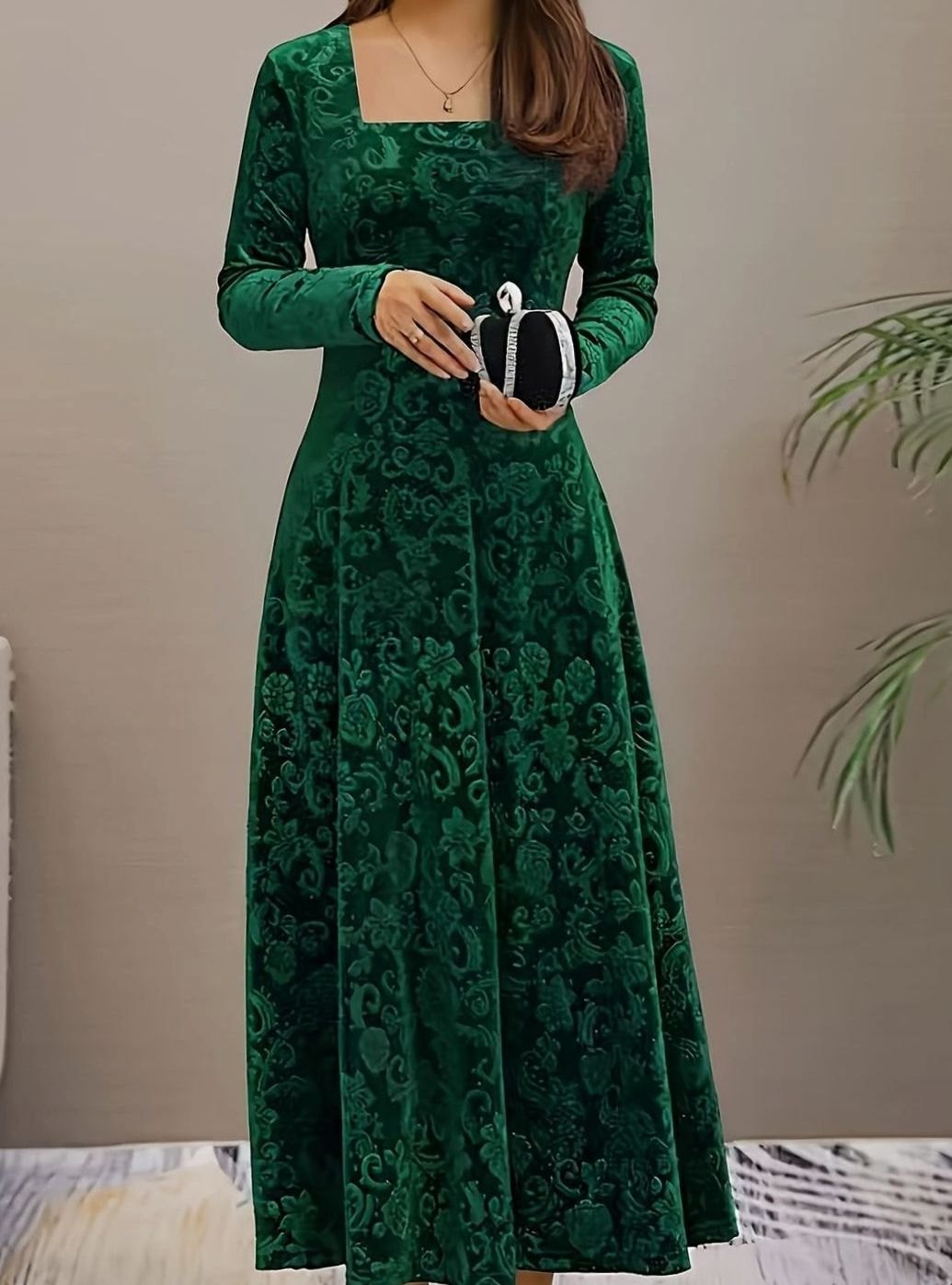 Women's Square Neck Velvet Floral Embossed Party Dress