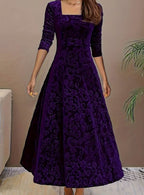 Women's Square Neck Velvet Floral Embossed Party Dress