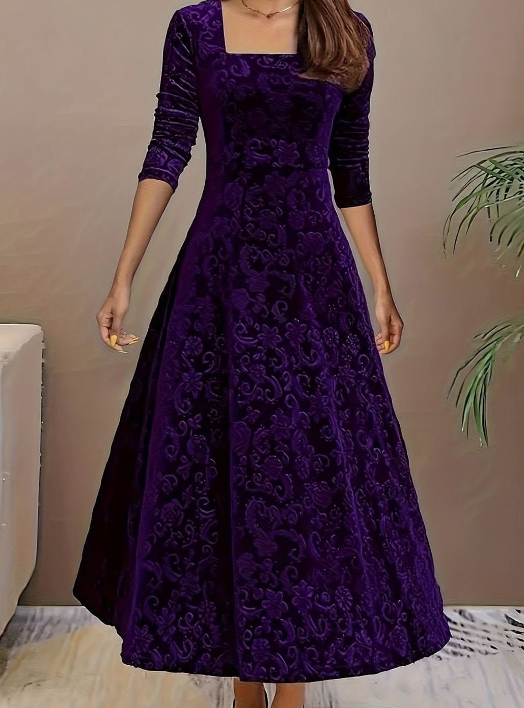 Women's Square Neck Velvet Floral Embossed Party Dress