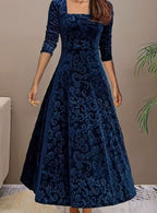 Women's Square Neck Velvet Floral Embossed Party Dress